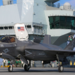 A U.S. Marine conducts carrier qualifications in an F-35B Lightning II Joint Strike Fighter aboard the Royal Navy aircraft carrier HMS Queen Elizabeth (R08). U.S. Marine Corps photo by 1st Lt. Zachary Bodner
