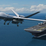 Artist's impression of a General Atomics MQ-9B Sea Guardian taking off from an aircraft carrier (photo General Atomics)