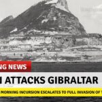 ock up of a breaking news ticker, declaring "Spain attacks Gibraltar" with an image of the Rock of Gibraltar in teh background.